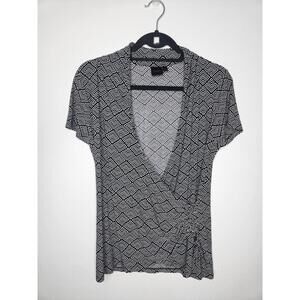 Rafaella Shirt Womens Medium Black White Geometric Print Wrap V Neck Ruched Top